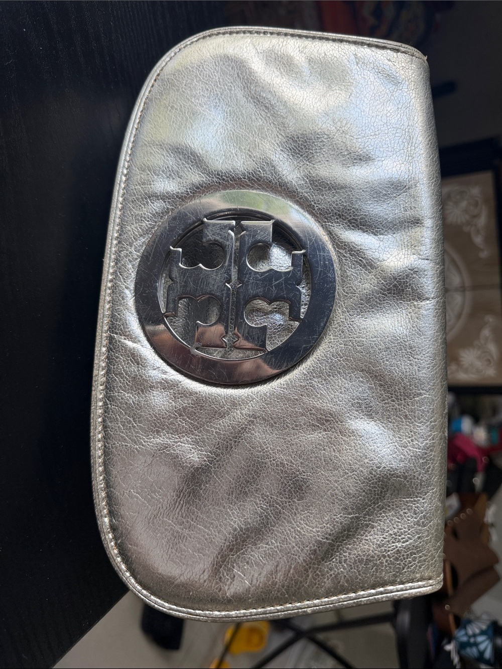Tory Burch Metallic Silver Logo Crossbody/Wristlet